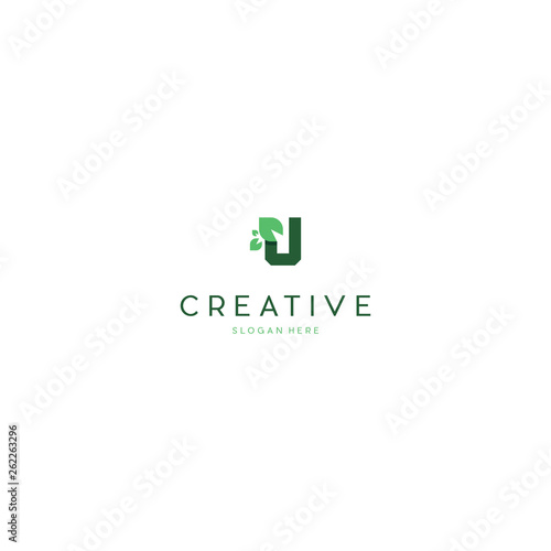 Green eco letters u logo with leaves. Initial u Logo design vector, Letter U leaf logo design