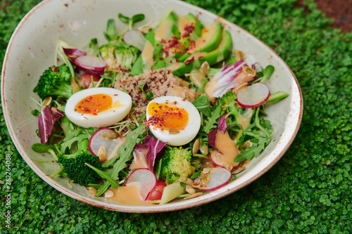 Salad with quinoa and vegetables, pumpkin seeds, boiled eggs, avocado and greenery on a beautiful plate on a natural green background from microgreen. Close up. Space