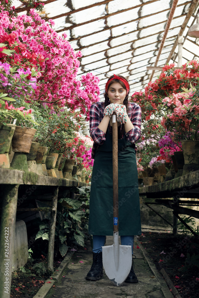 Girl gardener in apron and gloves with a big shovel in greenhouse, looking at camera
