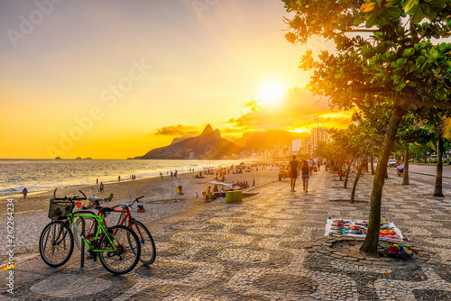 Ipanema beach with mosaic of sidewalk in Rio de Janeiro. Brazil