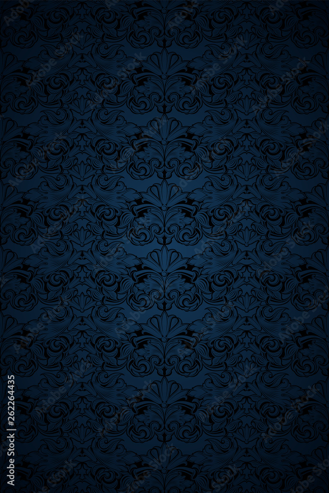 dark blue and black vintage background, royal with classic Baroque pattern, Rococo with darkened edges background, card, invitation, banner. vector illustration EPS 10