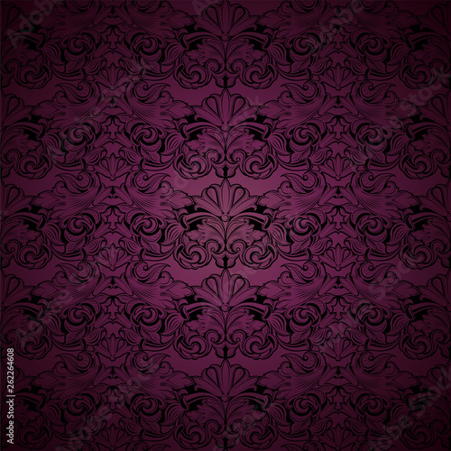 dark purple and black vintage background, royal with classic Baroque pattern, Rococo with darkened edges background, card, invitation, banner. vector illustration EPS 10