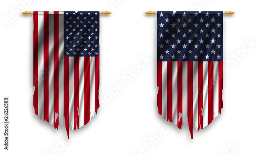 Set of US pennants torn flags on white background. Vector illustration.