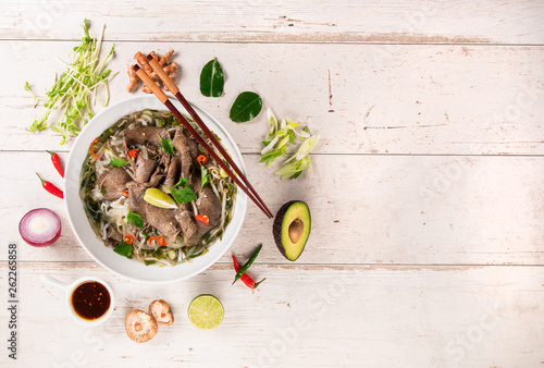 Asian food backgrounds on rustic wooden background , top view. photo