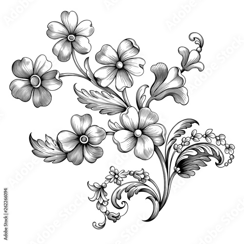 Vintage spring flower summer Baroque Victorian frame border floral ornament scroll leaf engraved retro pattern decorative design tattoo black and white filigree calligraphic vector