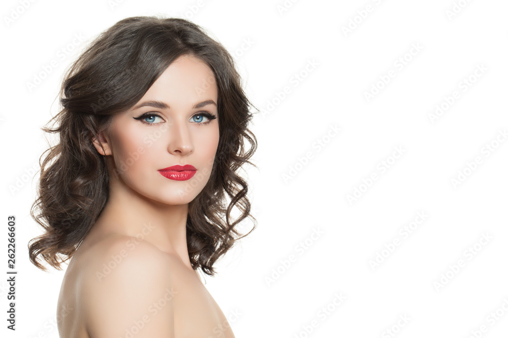 Healthy woman with makeup and healthy curly hair isolated on white Healthy woman with makeup and healthy curly hair isolated on white