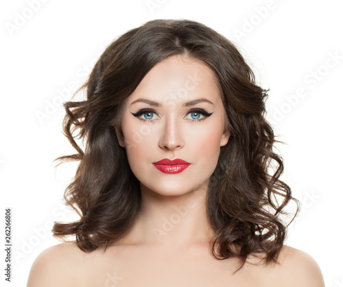 Beauty model woman. Girl with makeup and curly hair isolated on white background