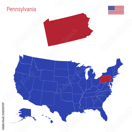 The State of Pennsylvania is Highlighted in Red. Vector Map of the United States Divided into Separate States. photo