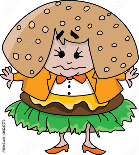 Cartoon woman who eats lots of fast food turns into a hamburger vector illustration