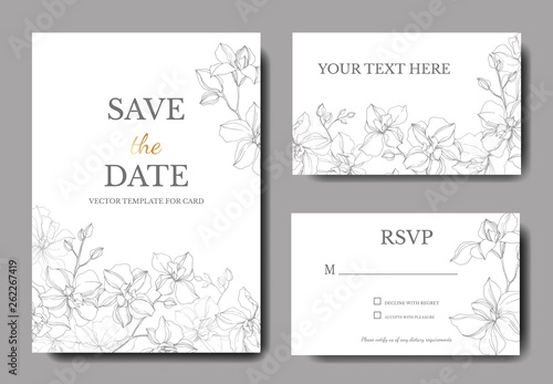 Vector Orchid floral botanical flowers. Silver engraved ink art. Wedding background card floral decorative border.