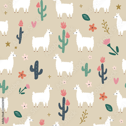 Cute bohemian llama seamless pattern, drawing with floral decor elements, hand drawn vector illustration