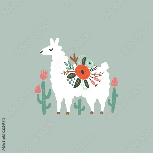 Cute bohemian llama drawing with floral decor elements, hand drawn vector illustration