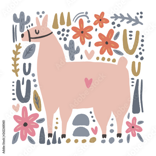 Cute bohemian llama drawing with floral decor elements, hand drawn vector illustration