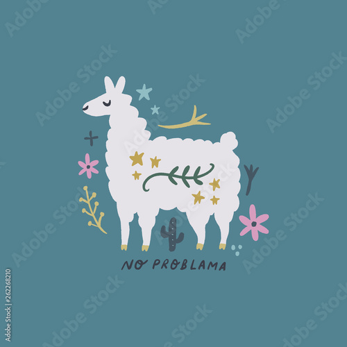 Cute bohemian llama drawing with floral decor elements, hand drawn vector illustration