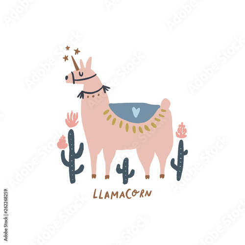 Cute bohemian llama drawing with floral decor elements, hand drawn vector illustration