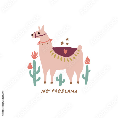 Cute bohemian llama drawing with floral decor elements, hand drawn vector illustration