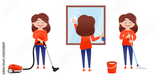 Set of woman cleaning home, isolated vector illustration of woman vacuuming, cleaning window and mopping