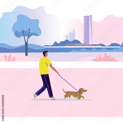 A man walks with a dog. Active lifestyle. The owner with the animal. Against city and electric train background, Vector illustration in cartoon style.