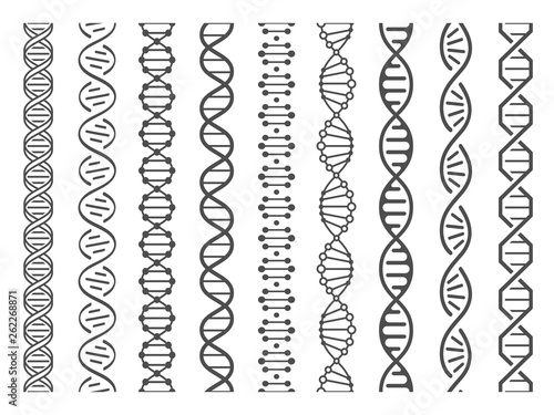 Seamless DNA spiral. Adn helix structure, genomic model and human genetics code pattern vector illustration set
