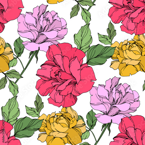 Vector Rose floral botanical flower. Yellow, red and violet engraved ink art. Seamless background pattern.