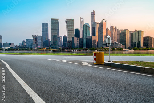Photography Empty Asphalt Road Through Modern City of Shanghai, China..