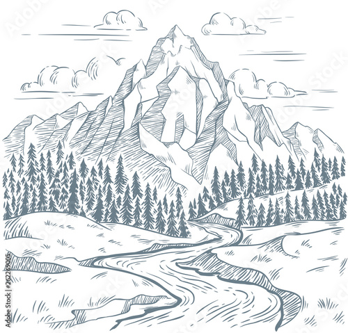 Mountains river engraving. Outdoors travel, mountain adventures and snake rivers vintage hand drawn landscape vector illustration