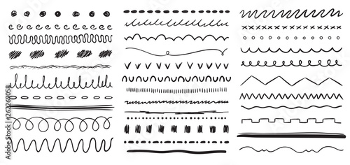 Hand drawn line. Ink pen drawing lines, underline brush and pencil strokes brushes vector elements set