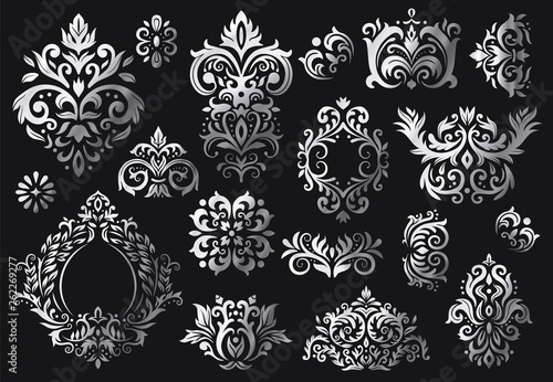Vintage baroque ornament. Ornate floral sprigs pattern, luxury damask ornaments and victorian twill damasks patterns vector set