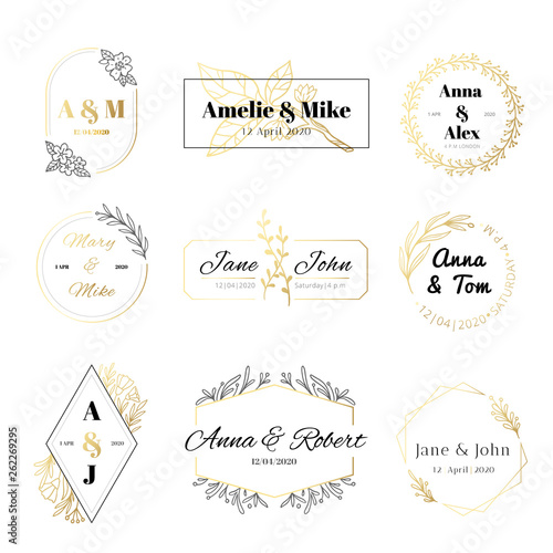 Wedding invitation labels. Minimalist floral leaves frames, elegant golden marriage card and save the date gold label vector set