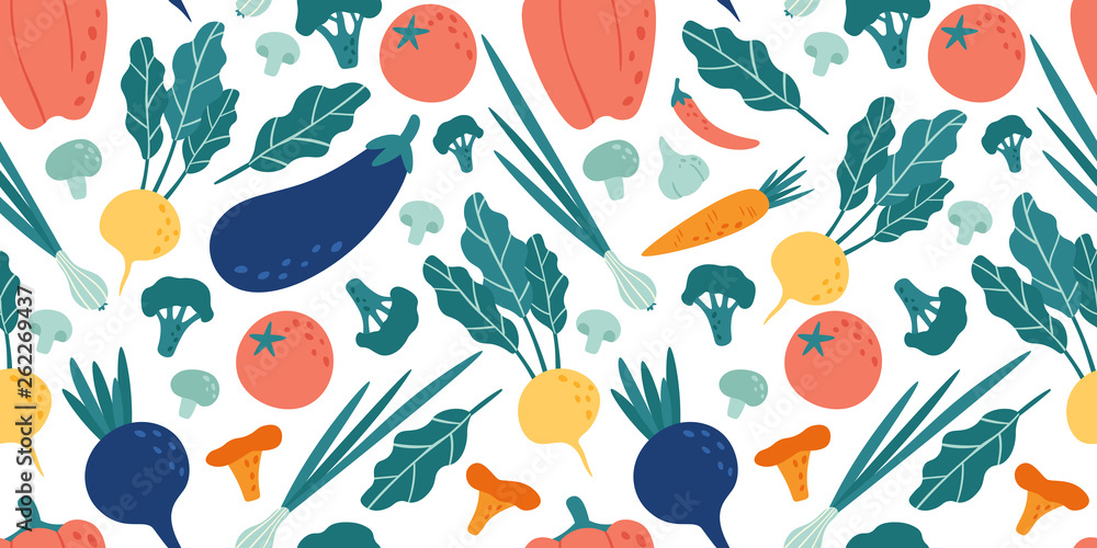 Seamless vegetables pattern. Hand drawn doodle vegetarian food. Vegetable kitchen radish, vegan beets and tomato vector illustration - obrazy, fototapety, plakaty 