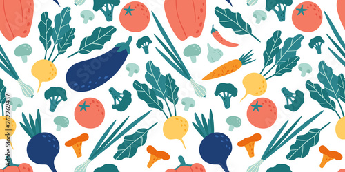 Seamless vegetables pattern. Hand drawn doodle vegetarian food. Vegetable kitchen radish, vegan beets and tomato vector illustration