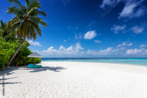 Fototapeta Naklejka Na Ścianę i Meble -  Panorama eines tropischen Paradies Strandes mit Kokosnusspalmen, feinem Sand und türkisem Meer