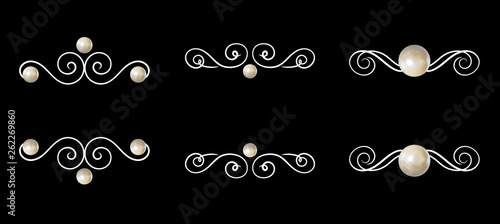 Vector Vintage Vignettes, White Pearls and Calligraphic Swirls Isolated on Black Background.