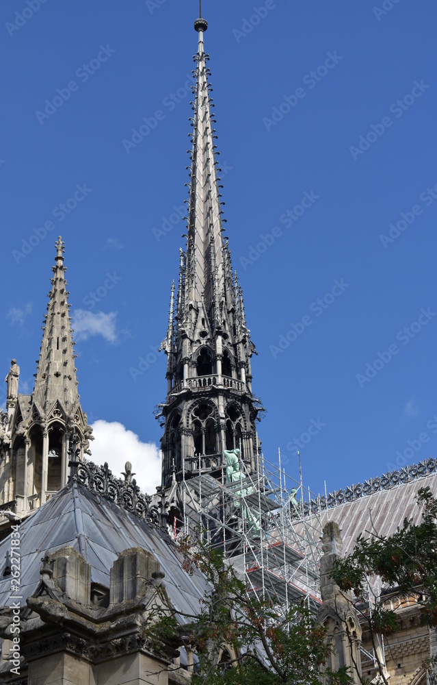 Notre Dame Spire (La Fleche) and wooden roofs before the fire. Paris, France. Notre Dame Spire (La Fleche) and wooden roofs before the fire. Paris, France.