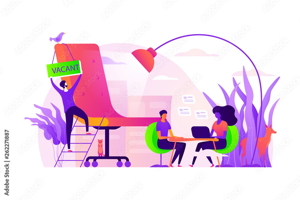 Naklejka premium Recruitment agency, human resources service, recruitment network and candidate interview concept. Vector isolated concept illustration with tiny people and floral elements. Hero image for website.