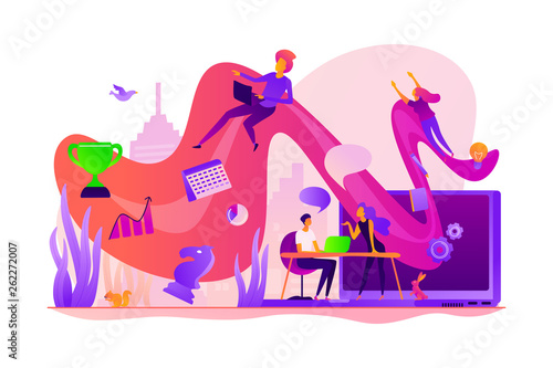 Business workflow, business process efficiency, working activity pattern and business management. Vector isolated concept illustration with tiny people and floral elements. Hero image for website.
