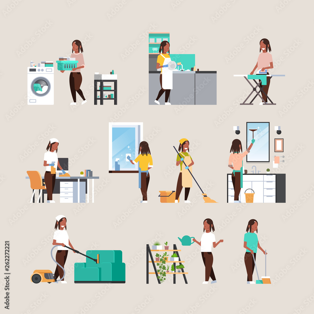 set housewife doing housework different housecleaning concepts collection african american female cartoon characters full length flat set housewife doing housework different housecleaning concepts collection african american female cartoon characters full length flat