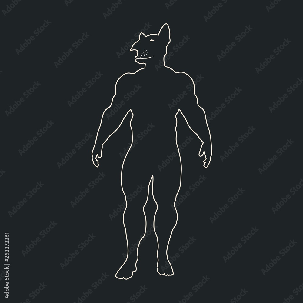 Man with head of Bull terrier. Animal and human hybrid. Outline silhouettes Man with head of Bull terrier. Animal and human hybrid. Outline silhouettes