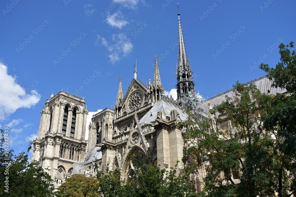 Notre Dame Spire (La Fleche) and wooden roofs before the fire. Paris, France.