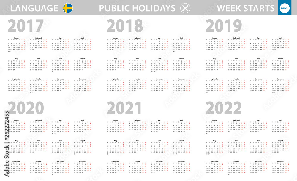 Calendar In Swedish Language For Year 17 18 19 21 22 Week Starts From Monday Stock Vector Adobe Stock