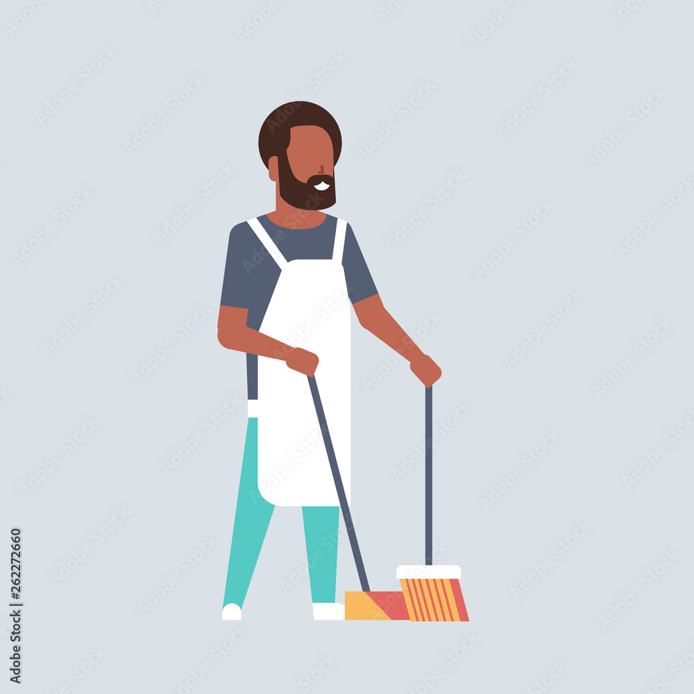 man sweeping floor with broom and scoop african american guy doing housework house cleaning concept male cartoon character full length flat gray background man sweeping floor with broom and scoop african american guy doing housework house cleaning concept male cartoon character full length flat gray background