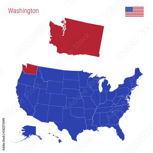 The State of Washington is Highlighted in Red. Vector Map of the United States Divided into Separate States. photo