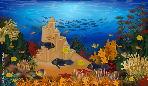Underwater background with tropical fish and sand castle, vector illustration