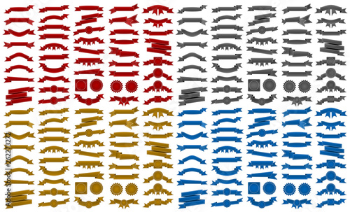 Mega pack of retro embroidered red, black, golden and blue ribbons and stumps isolated on white background. Can be used for banner, award, sale, icon, logo, label etc. Vector illustration
