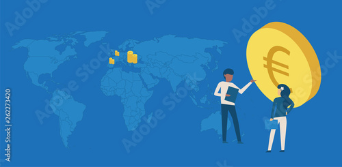 Flat cartoon images with royalty coins, euro isolated, people analytics and world map. All countries are selectable. On green background. Vector illustration.