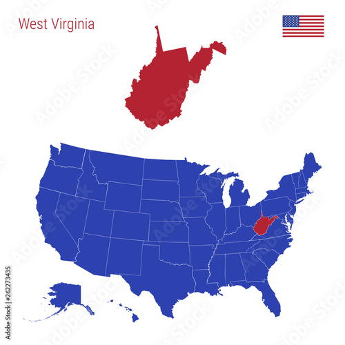 The State of West Virginia is Highlighted in Red. Vector Map of the United States Divided into Separate States. photo