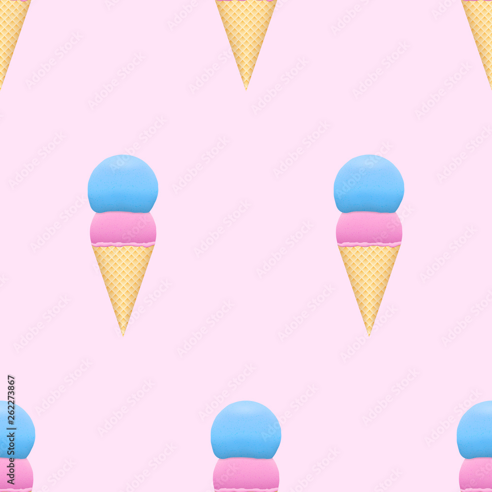 Ice cream seamless pattern on pastel color background. Pink and blue scoop in sweet wafers. Light texture design. Ice cream seamless pattern on pastel color background. Pink and blue scoop in sweet wafers. Light texture design.