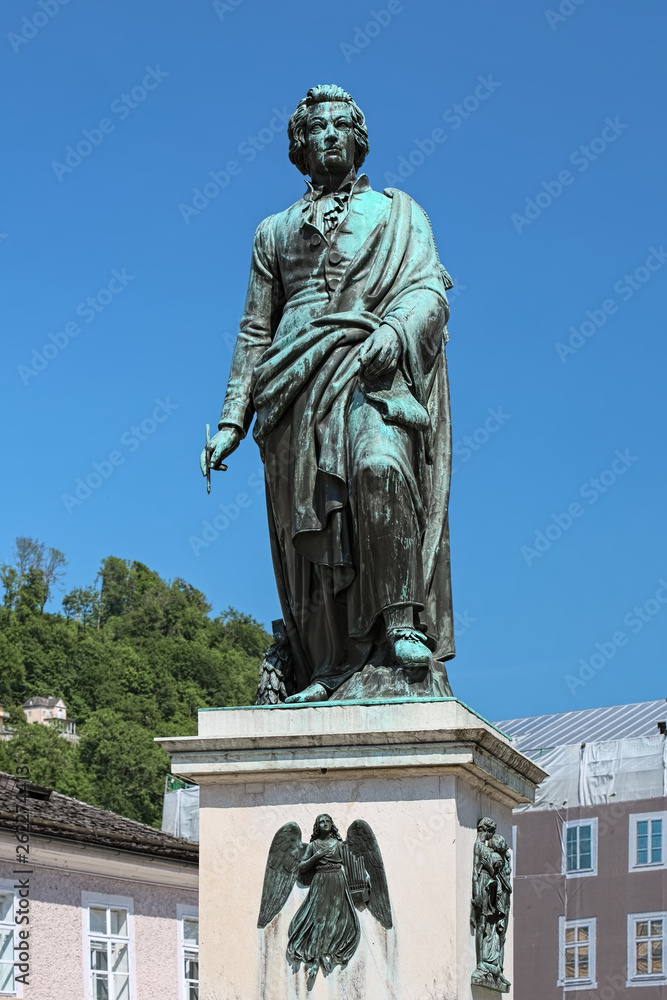 Mozart Monument at Mozartplatz in Salzburg, Austria. The monument was erected in 1842.