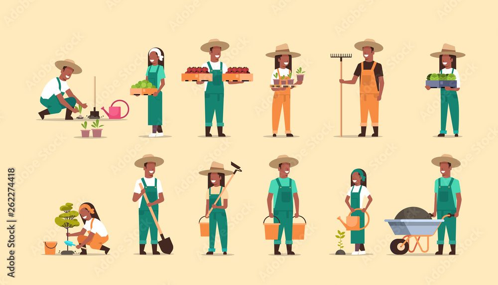 set african american farmers holding different farming equipment harvesting planting vegetables male female agricultural workers collection eco farming concept full length horizontal - obrazy, fototapety, plakaty 