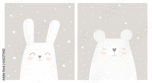 Cute Hand Drawn White Rabbit and Teddy Bear Vector Illustration Set. Lovely Nursery Art with Funny Bunny And Dreaming Big Bear. White Stars and Snow on a Light Gray Background. Kids Room Decoration.